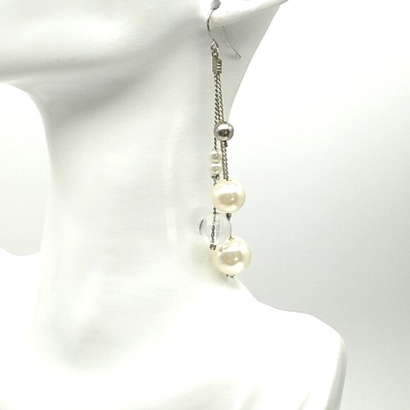 Faux Pearl Clear Bead Silver-tone Dangle Earrings - Picture 13 of 13